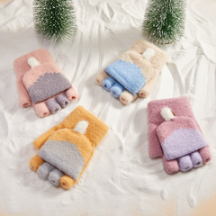 Gloves for Girls in Winter, Cute Student Writing Knitted Half-Finger Flip Cover, Children's Thicker Fleece Lined Woolen Warm Up for Middle and Large Children