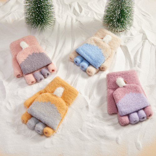 Gloves for Girls in Winter, Cute Student Writing Knitted Half-Finger Flip Cover, Children's Thicker Fleece Lined Woolen Warm Up for Middle and Large Children