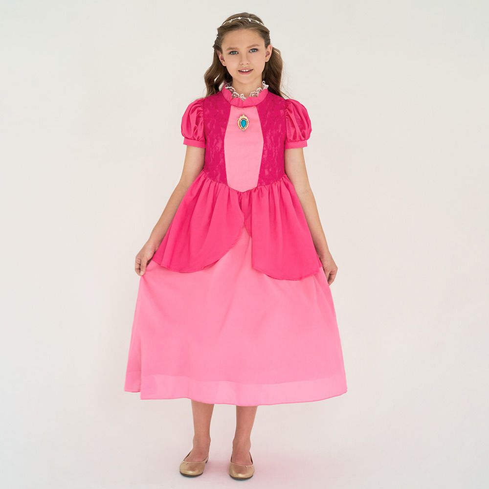 Cross-border girls' ball gown cosplay Princess Peach ball gown lace spliced puffed sleeve children's dress 