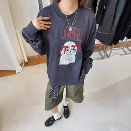 26早春新款字母贵宾犬印花烫砖圆领宽松藏青色纯棉长袖T恤打底衫