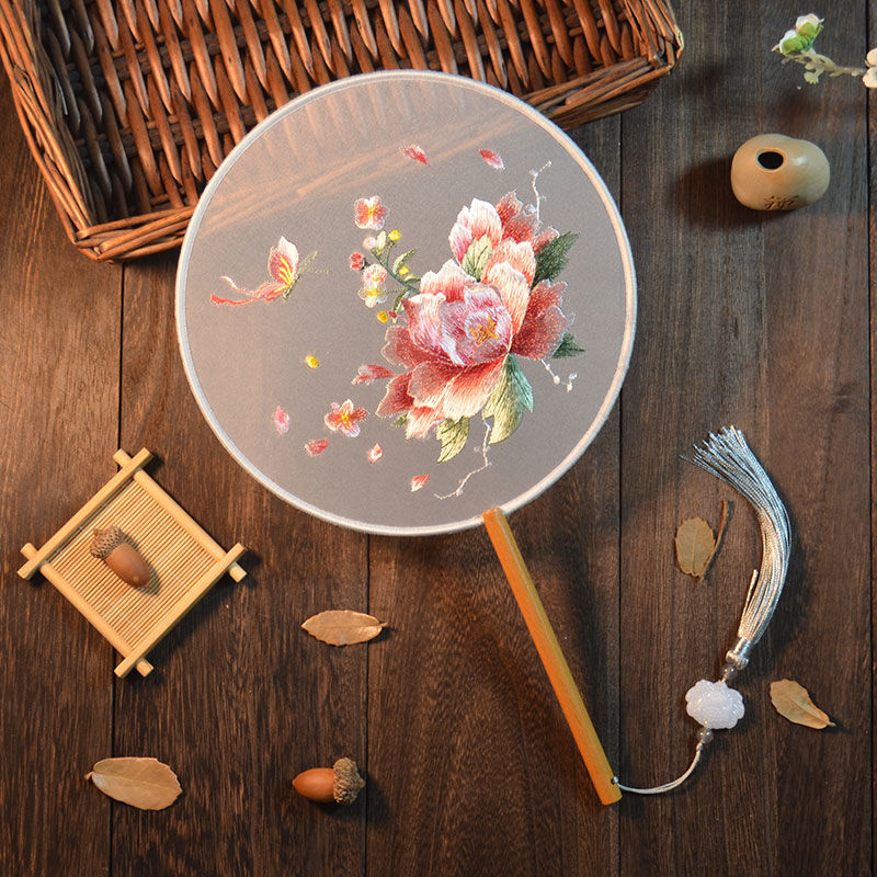 苏绣双面绣团扇刺绣绕丝包边古风扇圆形牡丹仙子扇汉服扇手工艺