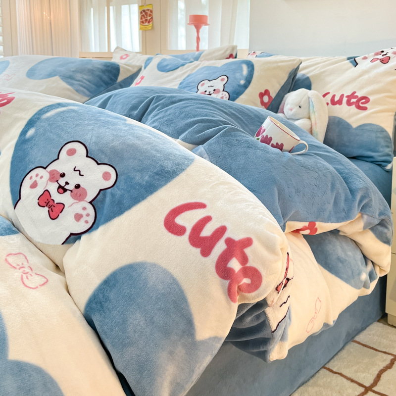 Juego de cuatro piezas de lana de leche de invierno, cama gruesa, sábana de otoño e invierno más funda de edredón de terciopelo, sábana de dormitorio de terciopelo de coral, juego de tres piezas