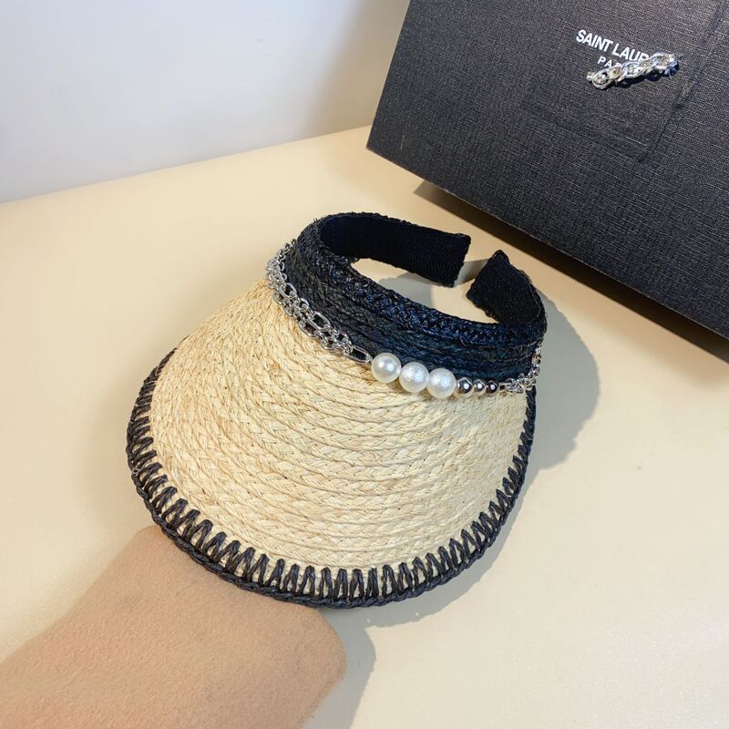 Fashion Chain Pearl Raffia Casual Empty Top Hat Women's Summer Travel Sunscreen Internet Celebrous Same Style Sunshade Hat Straw Hat