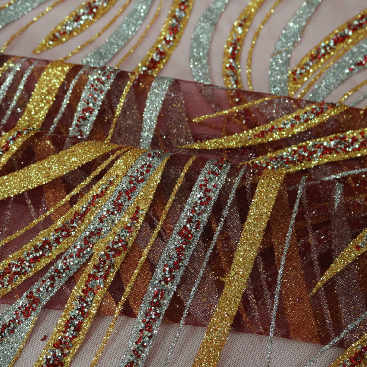 2024 nueva tela de malla de malla de oro pulverizado tela de diamante tela de vestido de boda multicolor