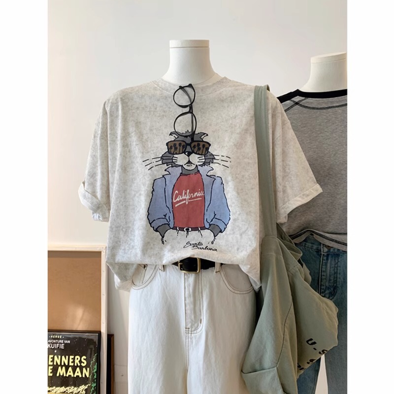 アメリカンレトロサングラス猫春夏まだらプリントファッションルーズカジュアル半袖Tシャツレディースパーソナライズトップトレンディ|undefined