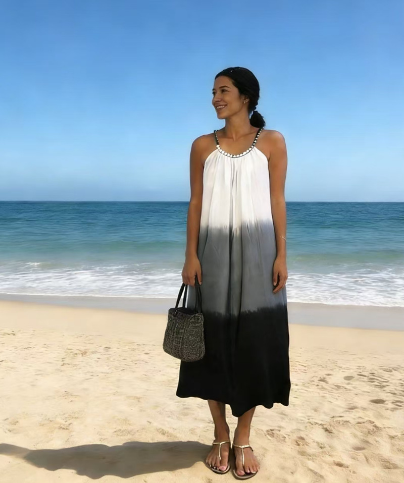 Plus Size Women Black Gray Gradient Tie Dye Suspender A Line Big Hem Midi Dress Casual Summer Beach Party Dress_ecoleips.com