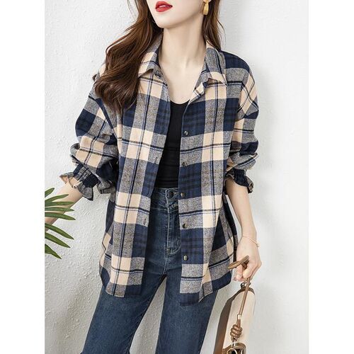 Chic and pretty women's spring 2025 loose and slimming medium-length pants-hiding grid shirt jacket