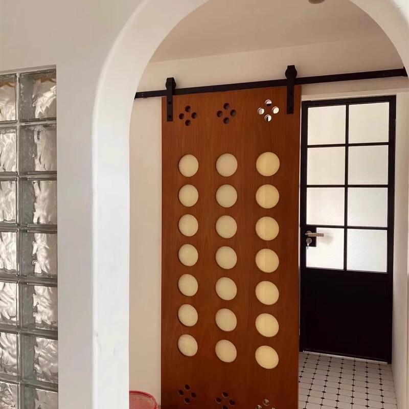 Nordic solid wood vintage glass hole barn door kitchen sliding door bathroom sliding door bedroom sliding door hanging rail door