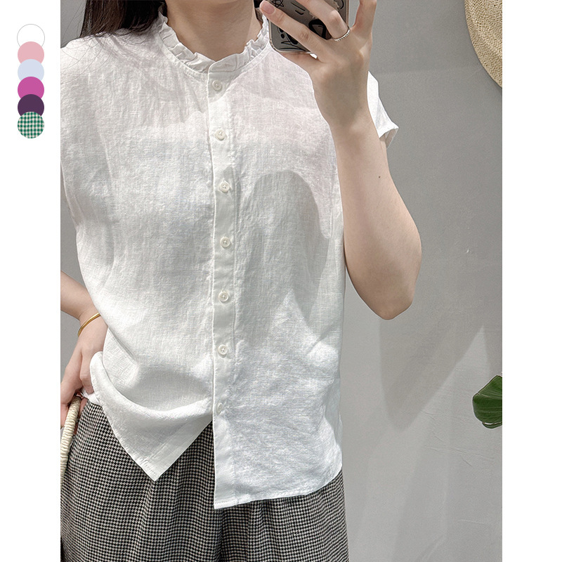Suchi Summer New Linen Shirt Work Clothing Age-Reducing Lace Collar Full Linen Shirt Short Top for Women