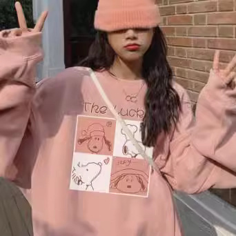 Korean Style Cartoon Snoopy Print Crewneck Sweatshirt Women's Autumn and Winter New fleece-lined Loose All-match Niche Trendy Top
