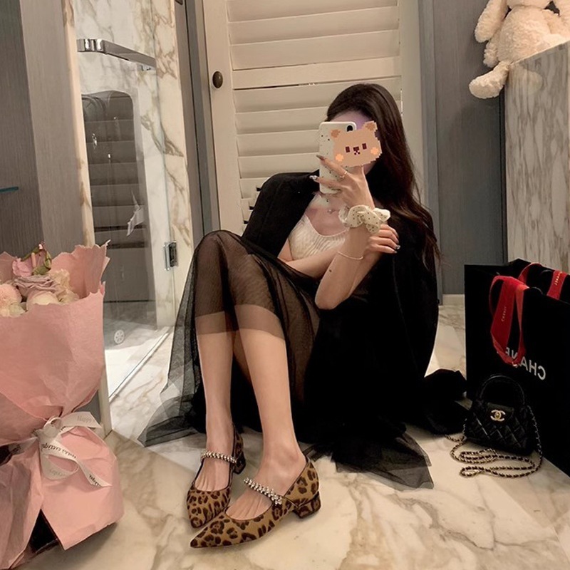 真皮钻带葡萄妈粗跟单鞋女春优雅新款尖头小百搭浅口小豹纹闪闪|undefined