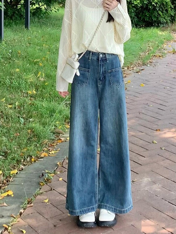 145 Pear-Shaped Vintage Wide-Leg Jeans Women's High-Waist Loose Slimming Straight Pants