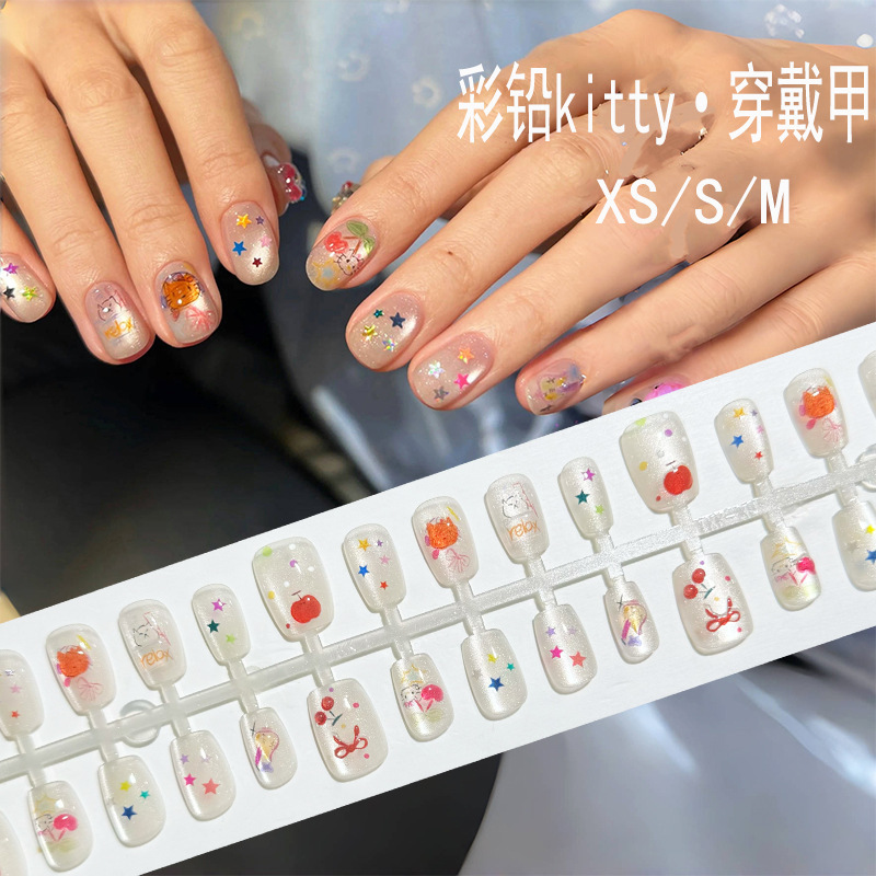 Star Cat's Eye Color Lead Hand-painted Kitty Graffiti Art Style Wear Armor Short Cherry Bow Cute Nail Art