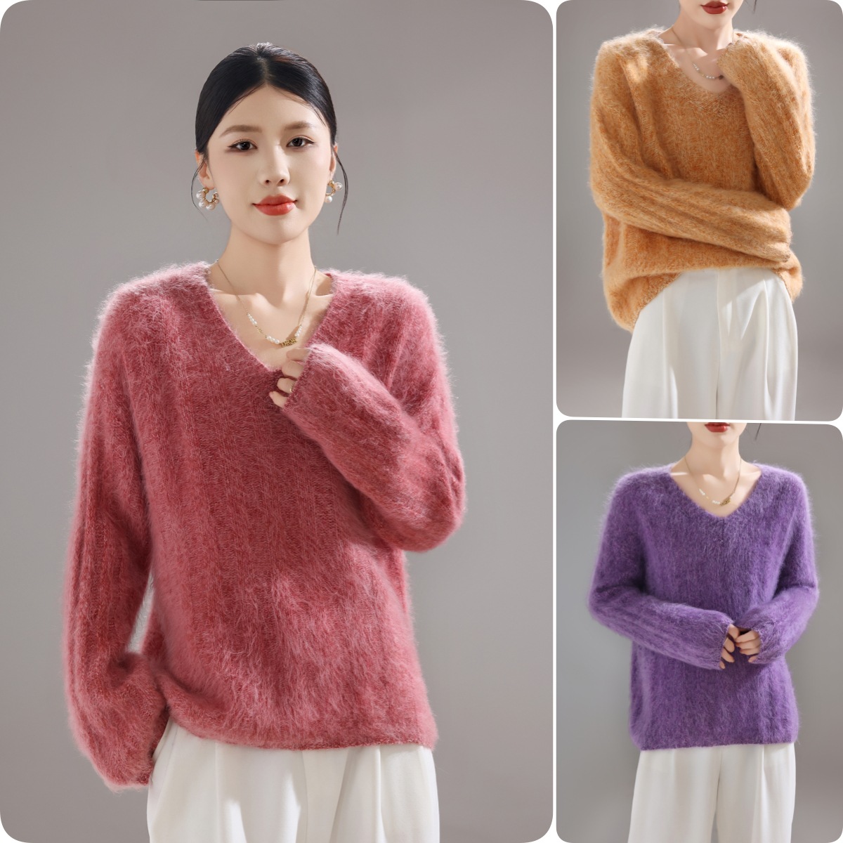 2025 Autumn/Winter New 100% Wool Brushed Women's Lazy Style V-Neck Warm Knitwear Loose Skin-Friendly Sweater