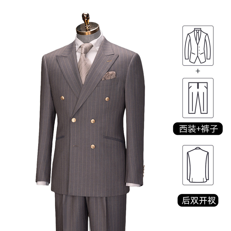 Cross-Border Men's Suit Set, Men's Double-Breasted Two-Piece Suit with Semi-Linen Lining, Business Formal Wear, High-End Wedding Attire