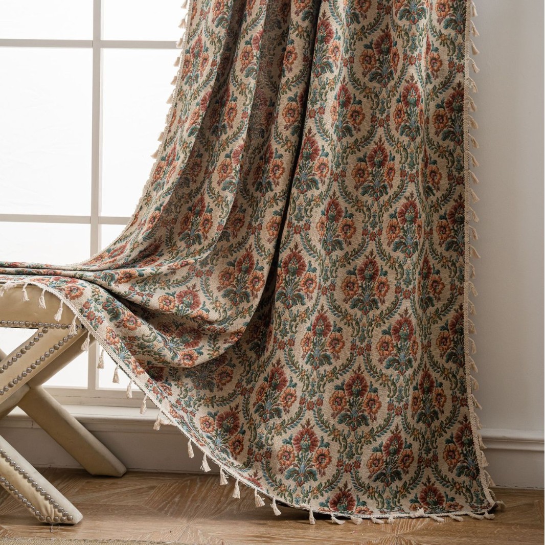 Yiman Qiyun European-style Curtain Double-sided Jacquard Semi-shading Flower Tassel Living Room Floor Balcony Curtain Finished