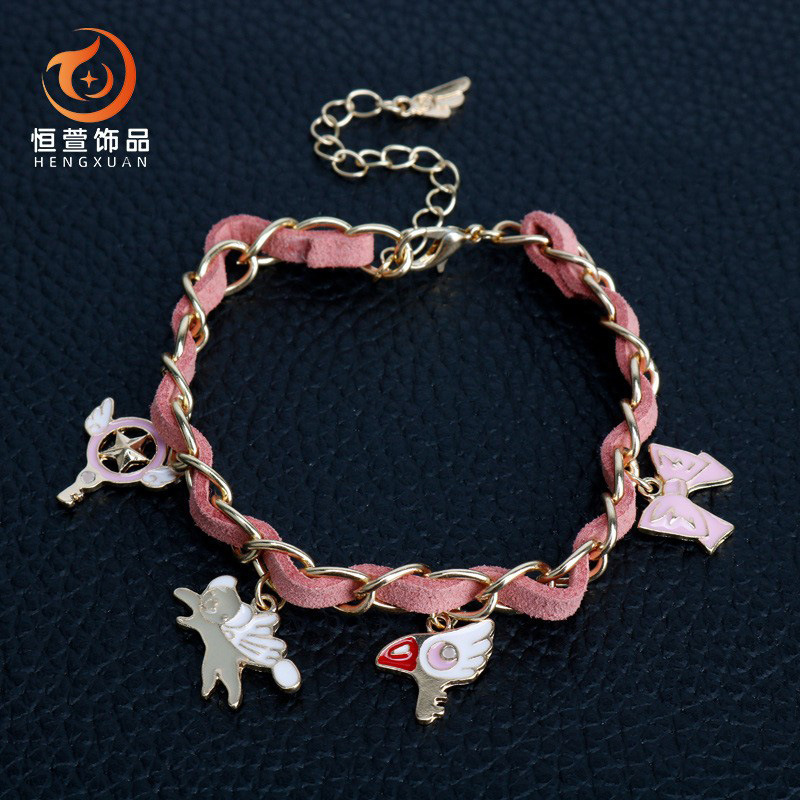 Japanese Anime Merchandise Cardcaptor Sakura Magic Card Girl Sakura Sakura Sakura Little Bird Head Wand Oil Drop Leather Rope Bracelet Accessories