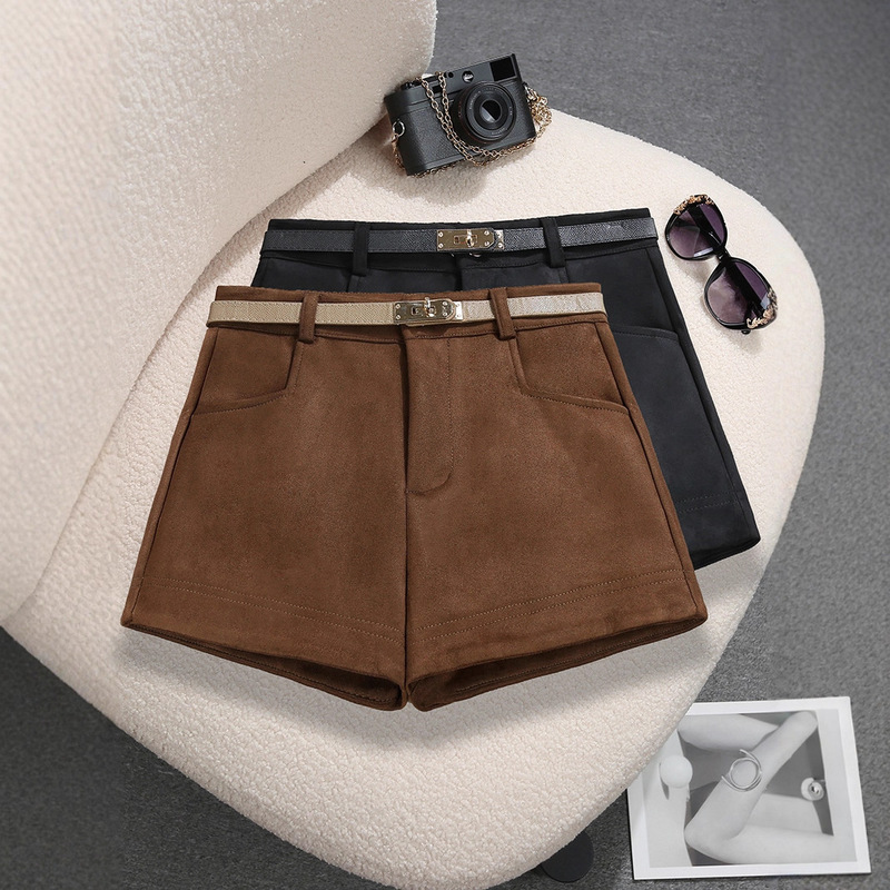 With Belt~Retro Coffee-Colored Casual Shorts, Winter Women's High-Waisted Slimming Suede Versatile Boot Pants Trendy 9860 With Belt~Retro Coffee-Colored Casual Shorts, Winter Women's High-Waisted Slimming Suede Versatile Boot Pants Trendy 9860