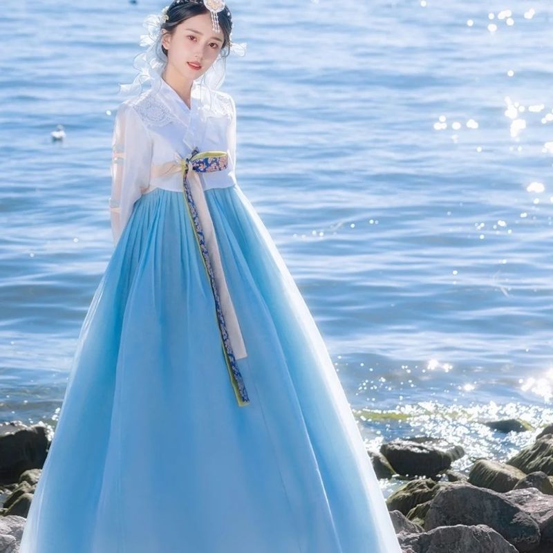 超人気延吉旅行写真雲南麗江旅行写真韓服ブルーガーゼスカート女性韓服宮殿ドレス韓服スーパーフェアリー|undefined