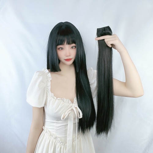 Wig for women with long hair, one-piece, four-card high-temperature wire hair extensions, cross-border foreign trade, black long straight wig, one-piece drop shipping