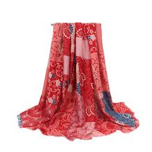 外贸秋冬欧美热卖文艺围巾百搭棉麻须边印花拼接厚款棉麻长巾批发