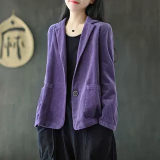 跨境灯芯绒西装领纯色短外套女秋季长袖口袋文艺复古休闲外套上衣
