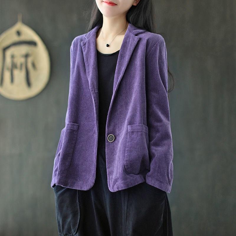 Cross-border corduroy suit collar solid color short coat women's autumn long sleeve pocket literary retro casual coat top Cross-border corduroy suit collar solid color short coat women's autumn long sleeve pocket literary retro casual coat top