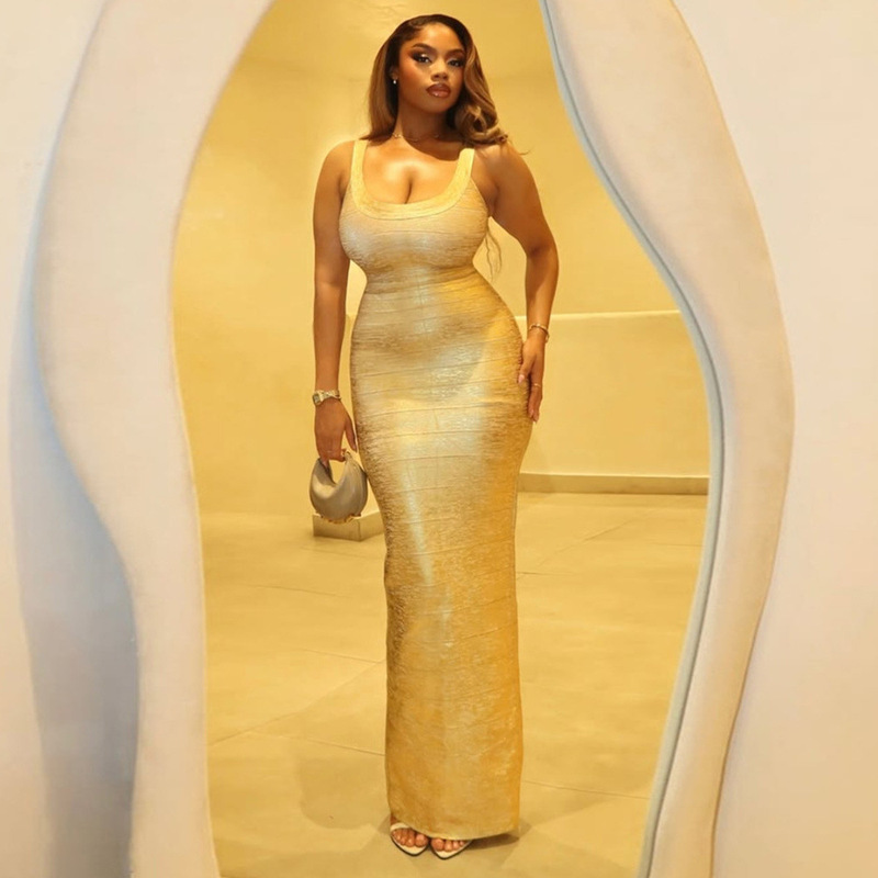 Bandage dress for women, summer high-waisted solid color striped gold slim-fit bandage dress, long sexy women's clothing