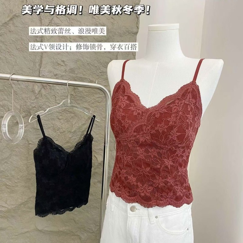 新款磨毛蕾丝吊带微透自带胸垫内搭修身透气保暖上衣外穿背心6099|undefined