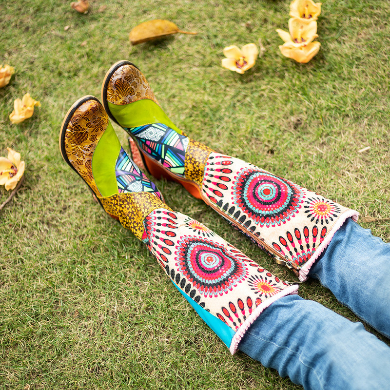 Export cross-border autumn and winter leisure retro ethnic style women's boots stitching gradient lace warm knee-length boots Export cross-border autumn and winter leisure retro ethnic style women's boots stitching gradient lace warm knee-length boots