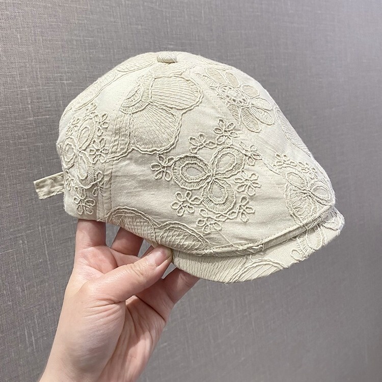 薄い刺繍入りフラワーフロントハット女性用春と夏の新しいレトロな多用途の小さなアヒルの舌ベレー帽通気性|undefined