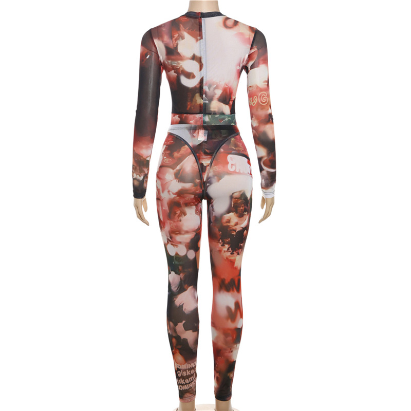 Women Spring Clothing Sexy Mesh Floral Print T Shaped Skinny Hip Raise Jumpsuit