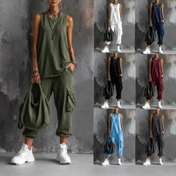 2026 Summer European and American Cross-Border Trade Bestseller Solid Color Sleeveless Vest and Cargo Pants Set Women's Casual Two-Piece Outfit