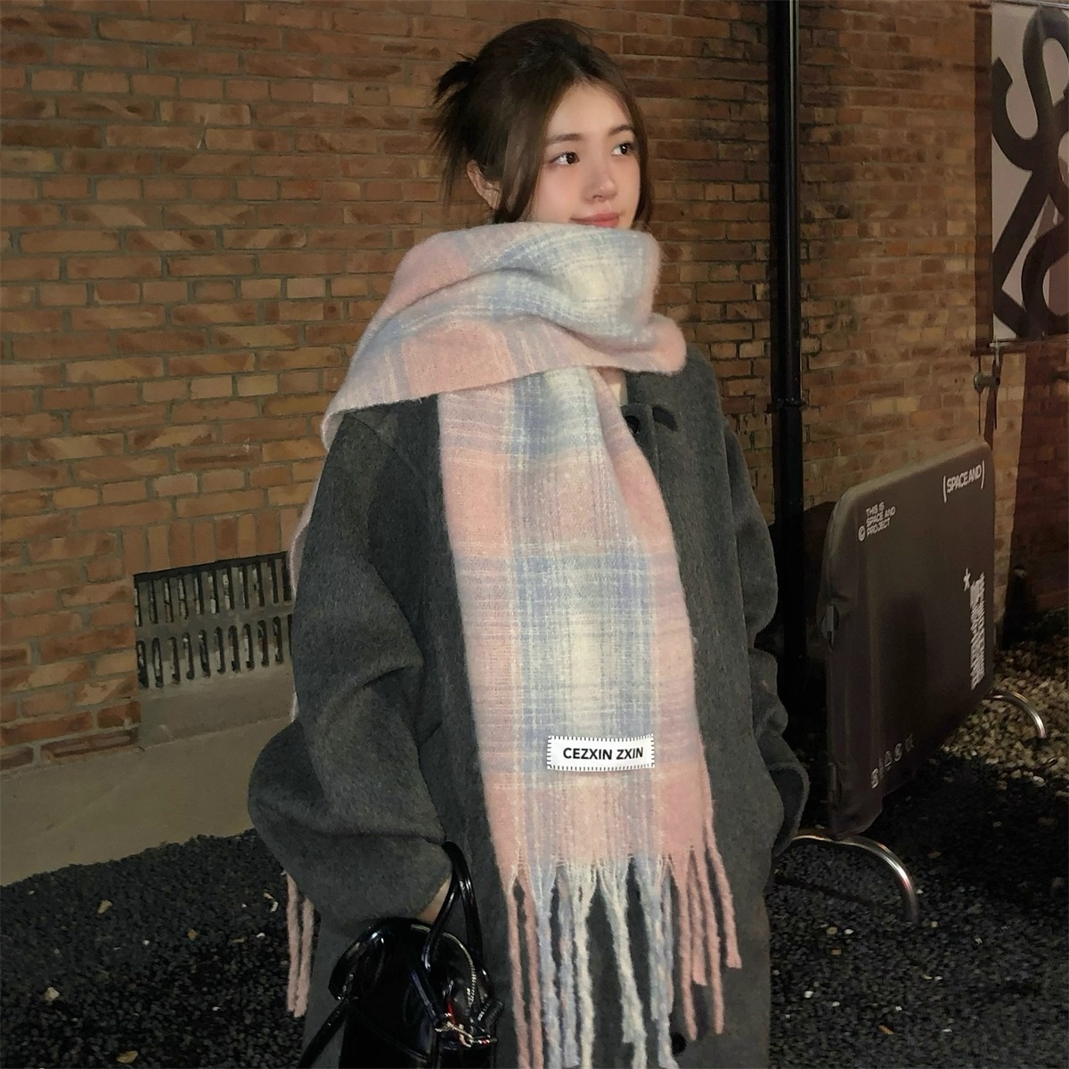 Bufanda a cuadros gris rosa para mujer chal suave y cálido_voghion.com