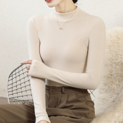女性のシャツの半分の高襟の保温上着の中にベルベットを巻いて単色の長袖tシャツの女装を厚くする