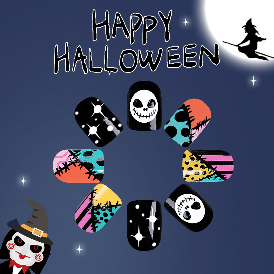 Short Glitter Shining Stars Halloween Thriller Skull 20.24 million Halloween Nail Art New Wear Armor 24 Pieces_voghion.com