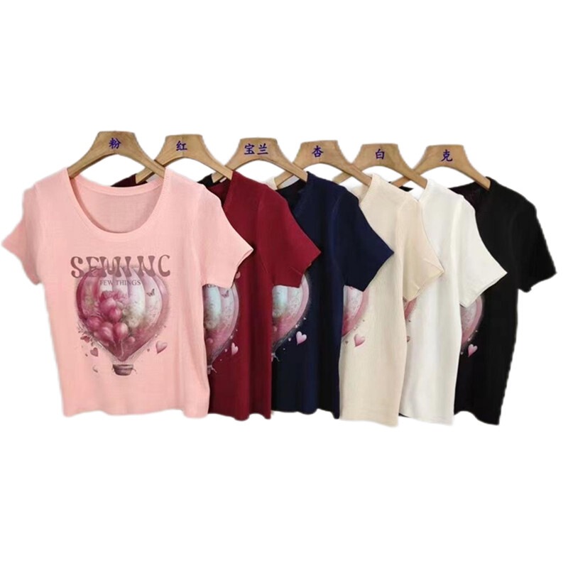 2025 New Summer Design Hot Air Balloon Print Versatile Cool Silk Knitted Short-Sleeved T-Shirt Women's Niche Tops