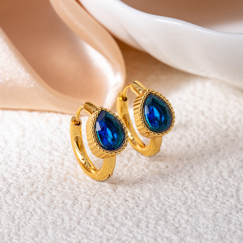 Dark blue earrings drop-shaped with zircon