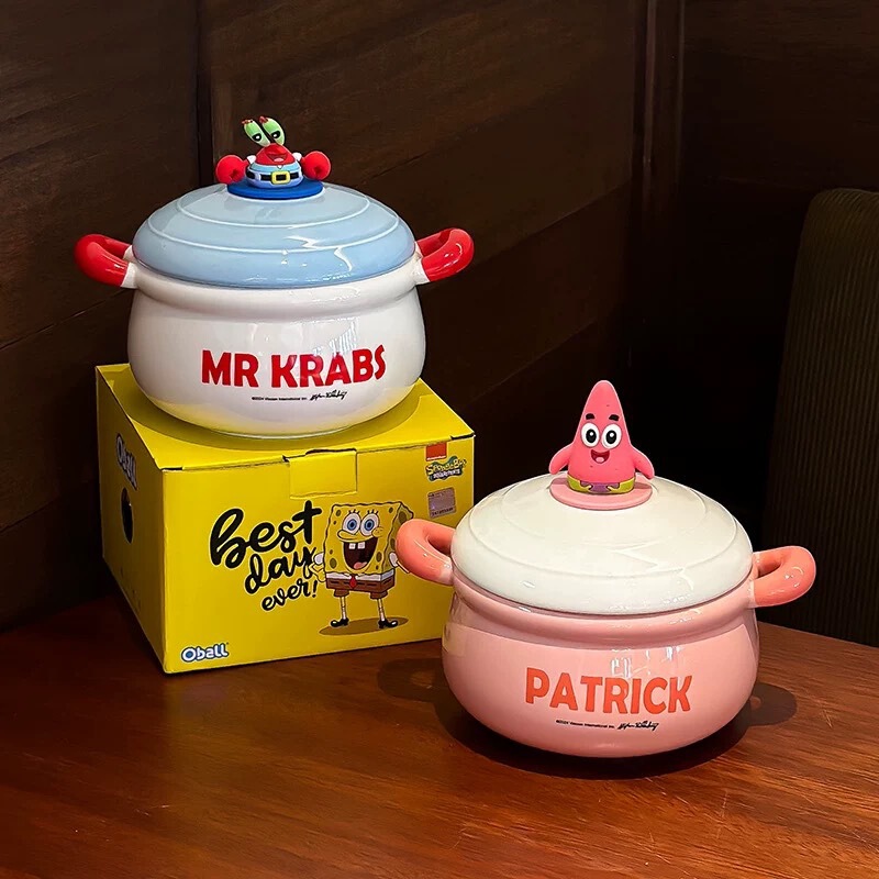 Cute crab boss binaural instant noodle bowl with lid dormitory home student ceramic large soup bowl spongebob hand gift