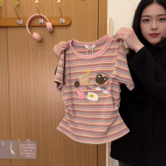 多巴胺彩虹条纹T恤甜美学院风软妹减龄上衣夏季盐系穿搭Chic