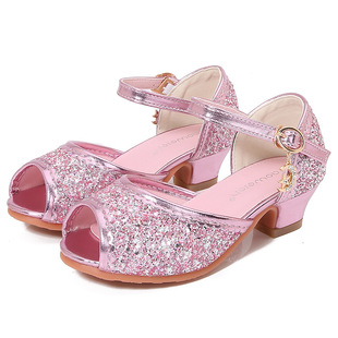 Girls' Sandals Children's High Heeled Princess Shoes Summer Little Girl's Sequin Crystal Shoes Elsa Fashion Mary Jane Children's Shoes