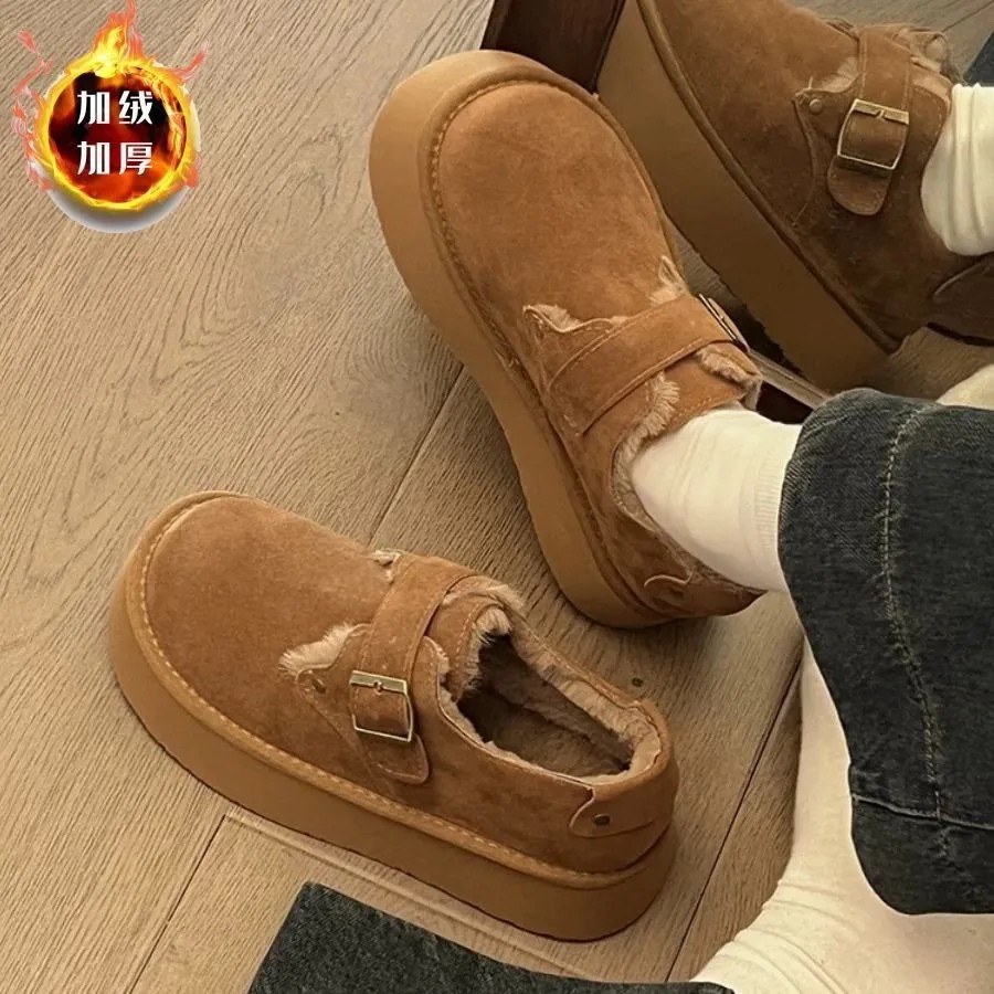 Zapatos de algodón Bocken de cuatro estaciones adicionados de vello para mujeres 2025 nuevos zapatos de nieve de patata grande y alta