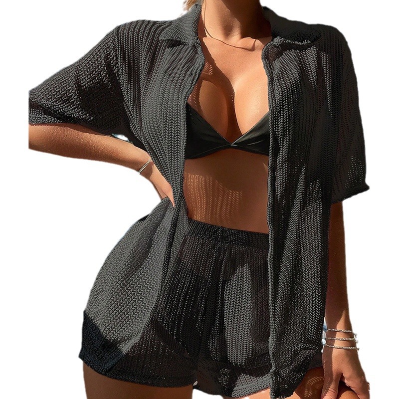 2024 comercio exterior transfronterizo europeo y americano color sólido hueco rápido secado cortos de ángulo plano conjunto bikini camisa de playa mujer