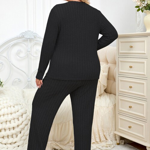 Ladies' Plus Size Homecoming Set with Long Sleeve Grey Top and Bottom for Autumn/Winter Comfortable Leisure on TEMU Independent Station