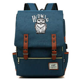 影视魔法学院印花USB青少年学生书包男女休闲皮带扣印花双肩背包