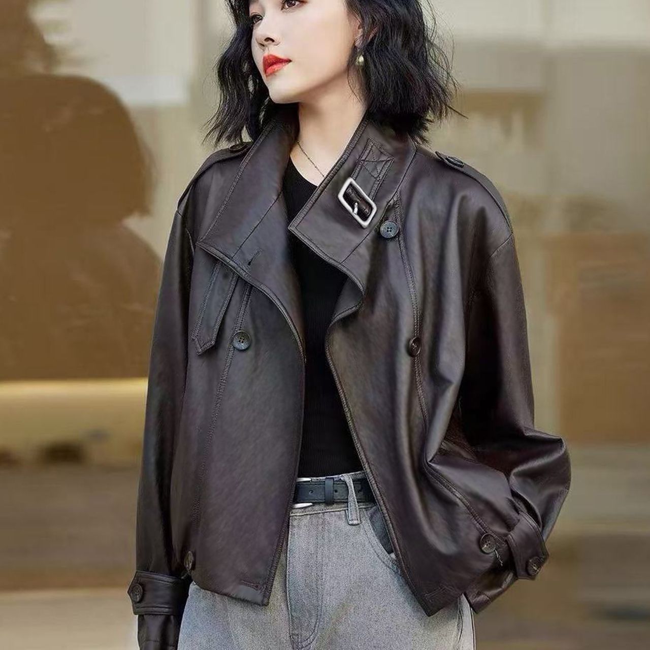 American High-End Leather Jacket Women's Short 2025 Autum New Style Stand-Up Collar Motorcycle Leather Jacket with Western Style