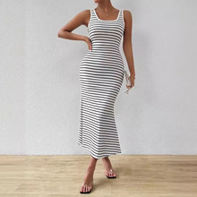 2024欧美亚马逊跨境女装夏季修身条纹背心包臀连衣裙时尚百搭