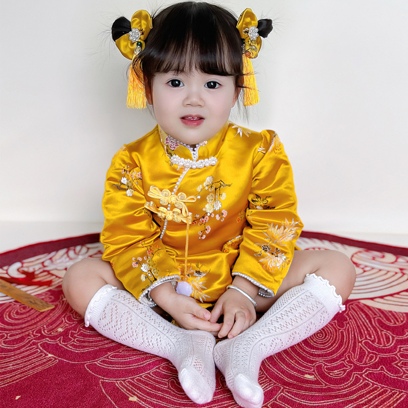 Newborn Baby Girl's Birthday Dress Yellow Short-Sleeve Chinese Style Cheongsam Chinese Style Children's Tangzhuang Baby's Outfit