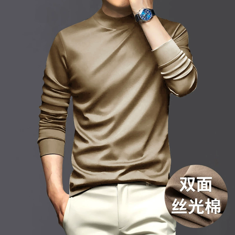 Мужская футболка премиум-класса с воротником-стойкой из мерсеризованного хлопка, с длинным рукавом, для весны и осени, однотонная, приятная к коже, антистатическая, базовый слой.