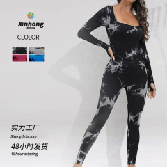 跨境新品無縫扎染螺紋長袖緊身連體瑜伽服多色運動健身瑜伽連體衣
